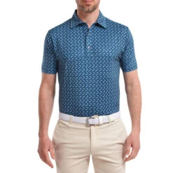 FootJoy FJ Polo Leaping Dolphin S22 MENS SS SMALL INK BLUE -Elite Golf Shop 403128 InkBlue FootJoy Leaping Dolphins Print Lisle Polo Shirt 4