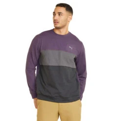 PUMA Golf Puma Windtop Cloudspun CB W22 MENS CN SMALL NVYQUTESH -Elite Golf Shop 410769 Purple Charcoal Black PUMA Golf Mens CLOUDSPUN Colourblock Crewneck Midlayer 3