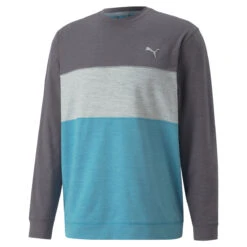 PUMA Golf Puma Windtop Cloudspun CB W22 MENS CN SMALL NVYQUTESH -Elite Golf Shop 410769 QuietShade DuskyAqua PUMA Golf Mens CLOUDSPUN Colourblock Crewneck Midlayer 1
