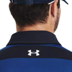 Under Armour UA Polo Playoff 3 0 Stripe S23 MENS SS SMALL NVYBLUWHT -Elite Golf Shop 416064 Navy Blue White Under Armour Mens Playoff Stripe Golf Polo Shirt 4