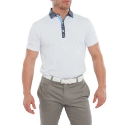 FootJoy FJ Polo Tossed Tulip Trim S23 MENS SS SMALL WHTVIOLET -Elite Golf Shop 416320 White Navy FootJoy Mens Tossed Tulip Trim Golf Polo Shirt 1