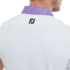 FootJoy FJ Polo Tossed Tulip Trim S23 MENS SS SMALL WHTVIOLET -Elite Golf Shop 416320 White Violet FootJoy Mens Tossed Tulip Trim Golf Polo Shirt 3
